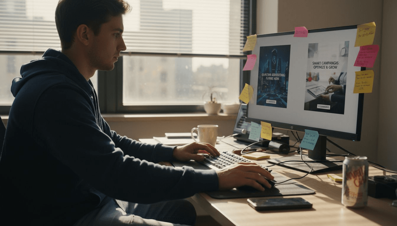 Digital marketer reviewing AI ad variants