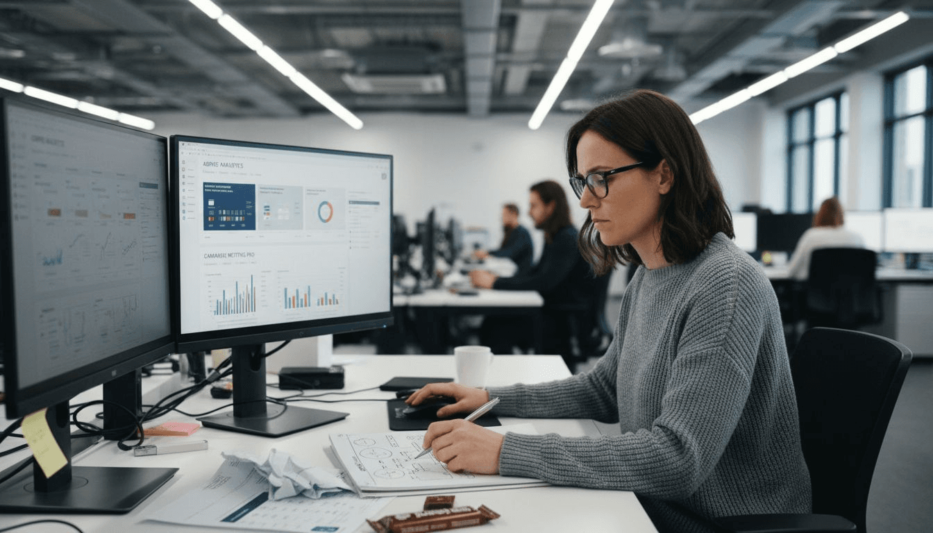 Brand manager reviewing AI ad platforms at desk